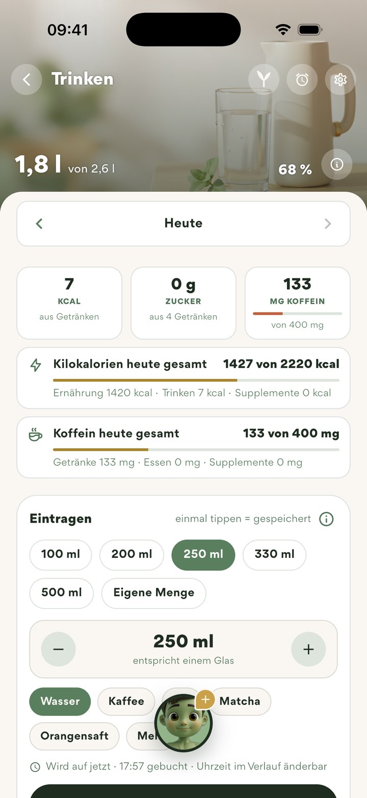 Area Minum: 1,8 dari 2,6 liter, kalori, gula, dan Koffein dari minuman, catat dengan jumlah dan jenis minuman