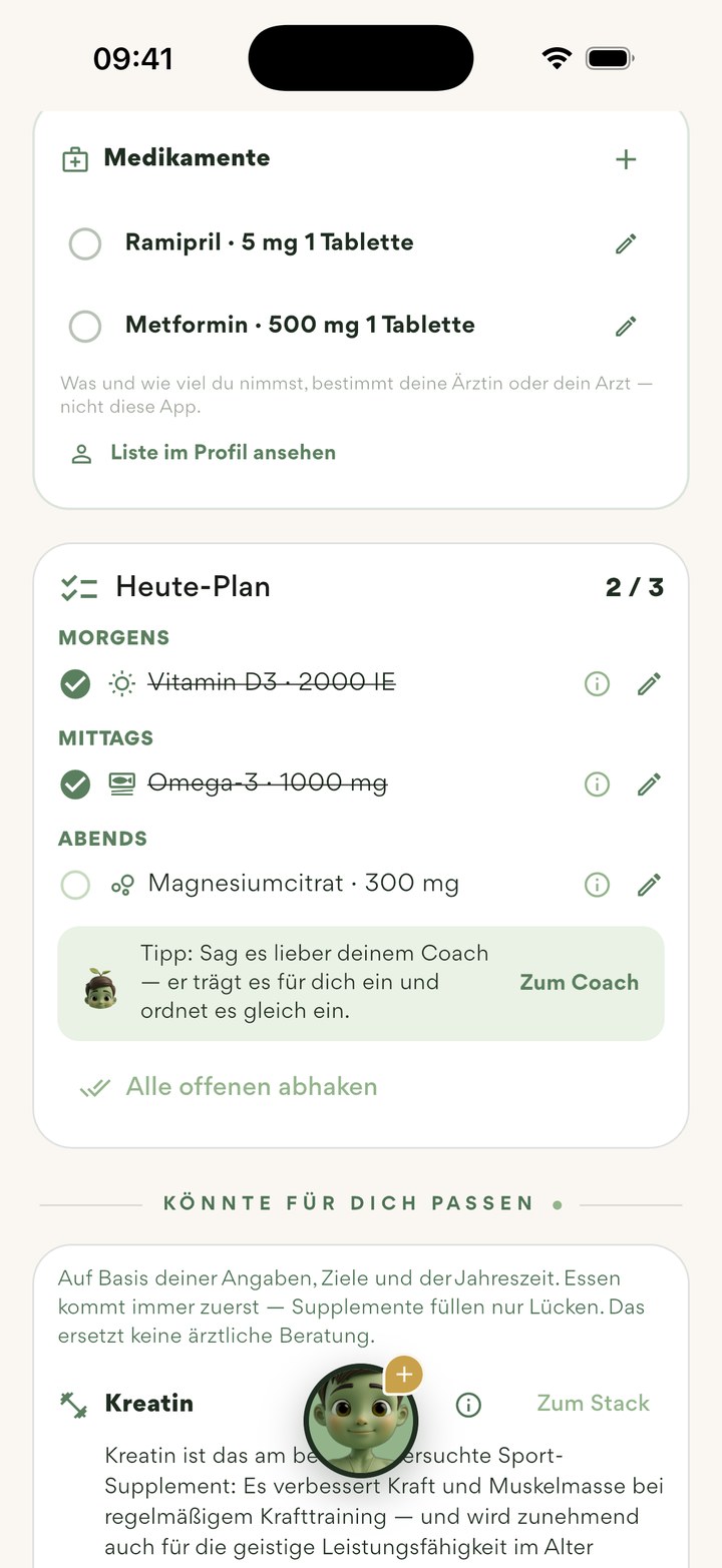 Area Suplemen: obat-obatan untuk dicentang dan rencana Hari Ini dengan waktu konsumsi