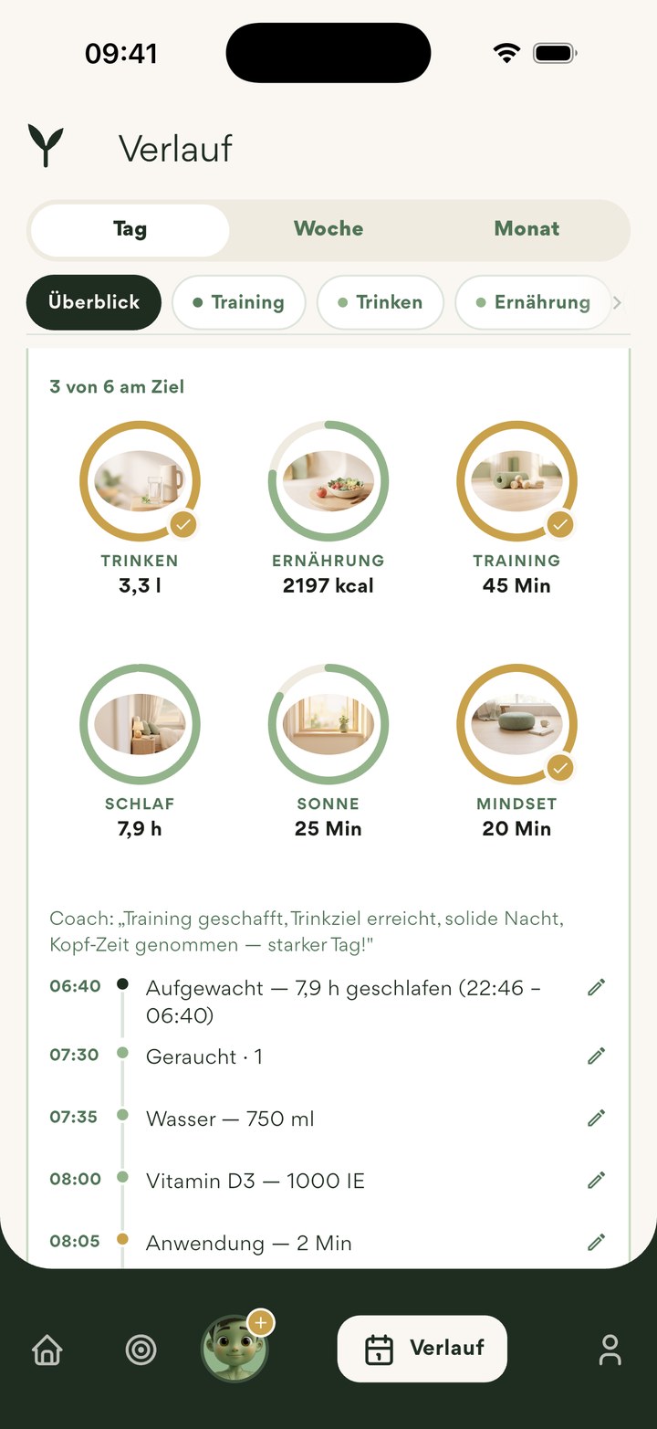 Riwayat: satu hari lalu dengan enam cincin dan setiap catatan dengan waktunya